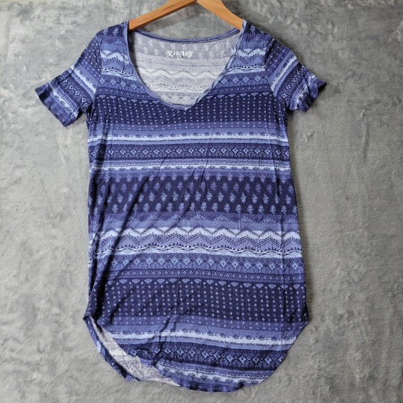 Mudd Womens Top Size S Blue Short Sleeve V Neck Boho Aztec Print - Picture 1 of 9
